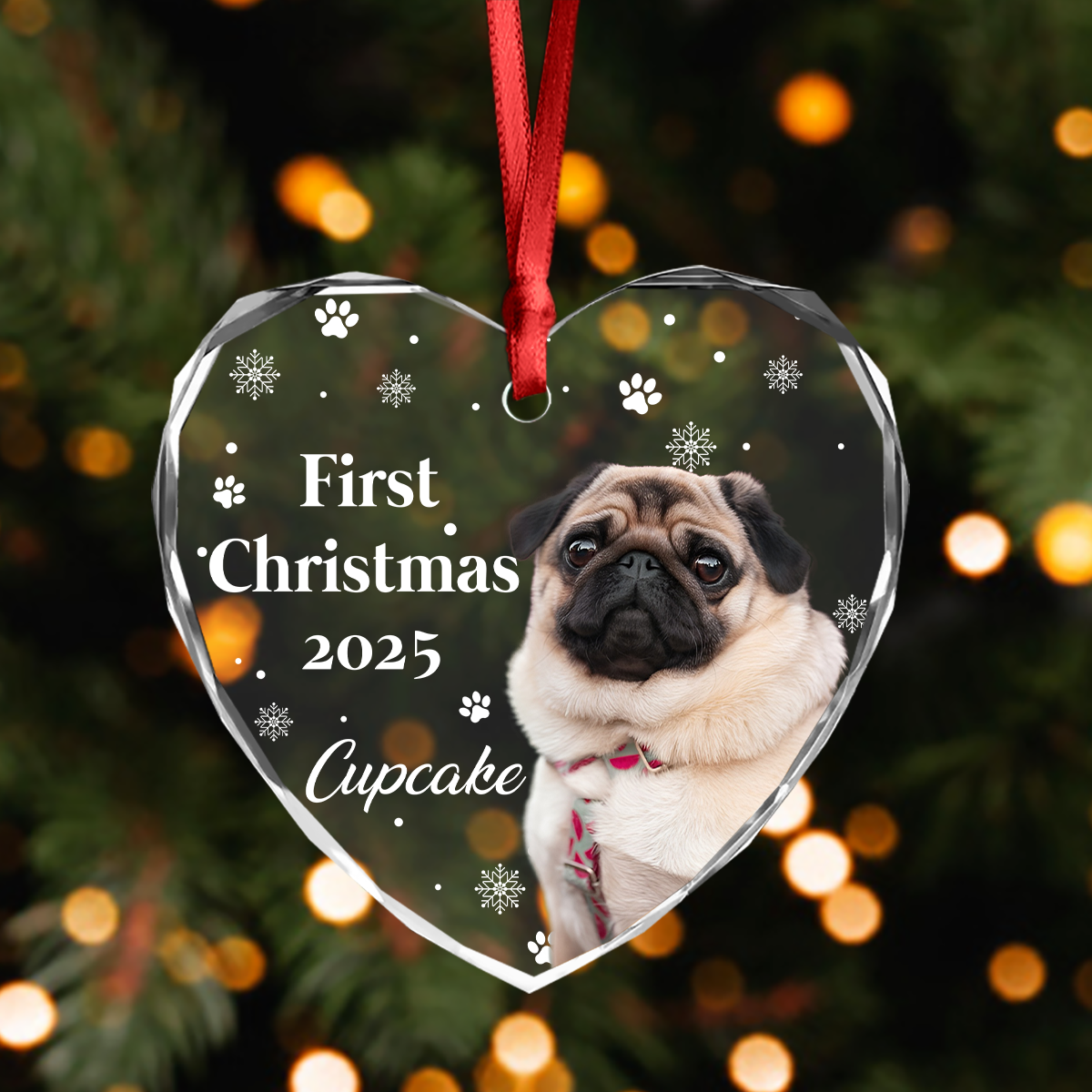First Christmas With Cute Puppy And Snowflakes Custom Dog Photo Heart Glass Ornament CH07 896390