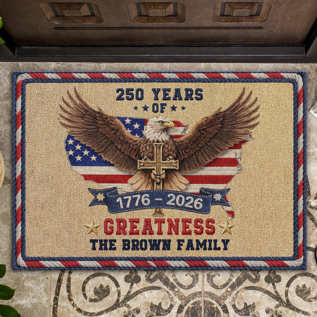 Personalized Family Name 250th Anniversary USA Patriotic Faux Pattern Doormat - 2D Printed Not Embroidered Patriotic America Decor HO82 901578