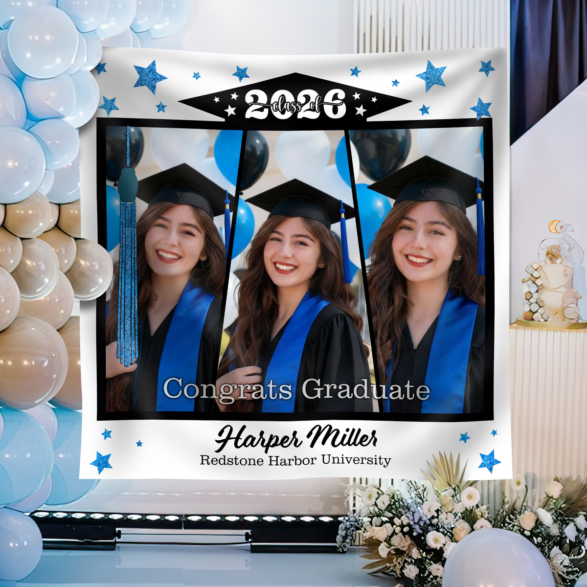 Custom Photo Class of 2026 Glitter Stars Graduation Backdrop, Personalized Congrats Graduate Party Decor LM32 899357