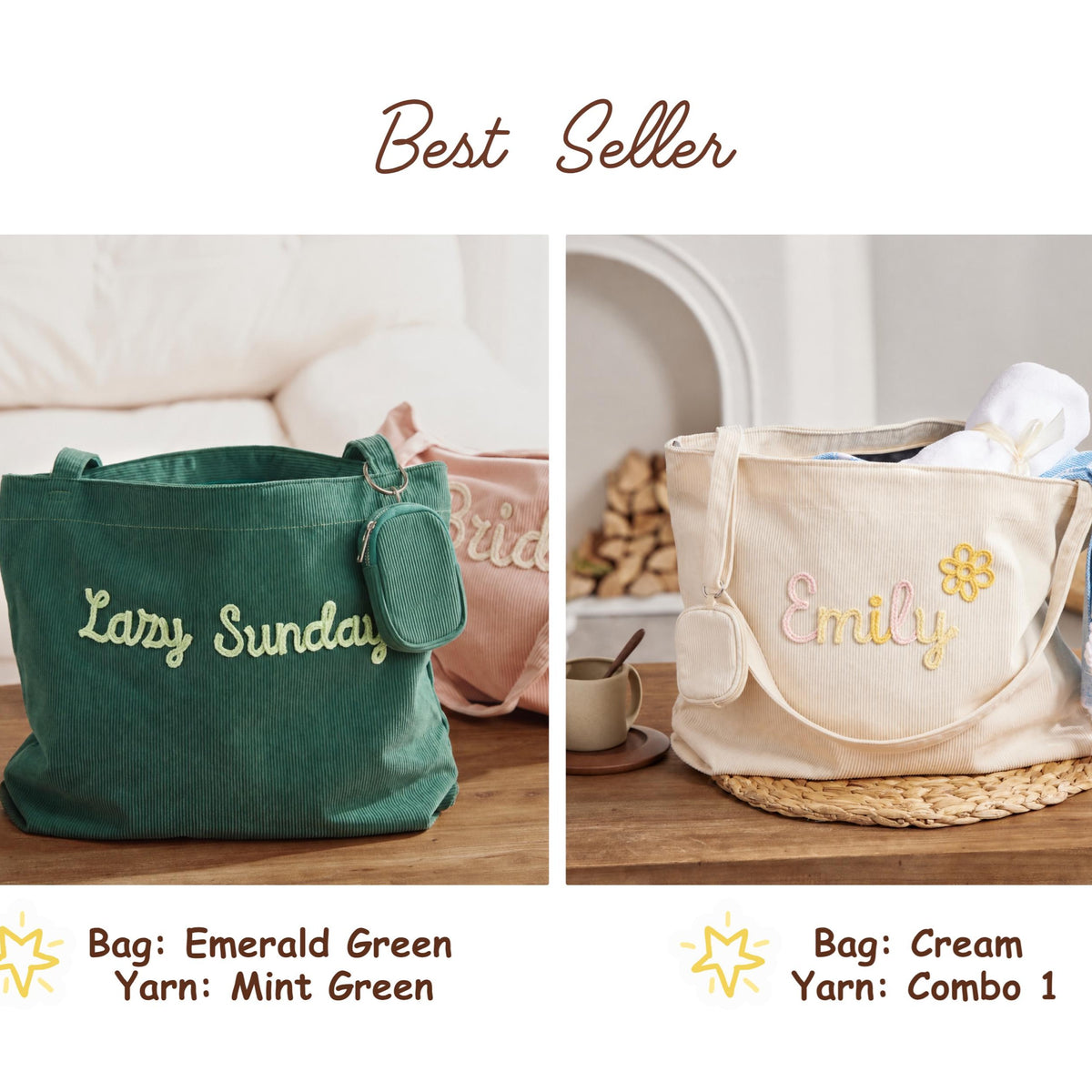 Personalized Corduroy Yarn Tote Bag With Pouch - Bridesmaid, Teacher & Birthday Gift LM32 669305
