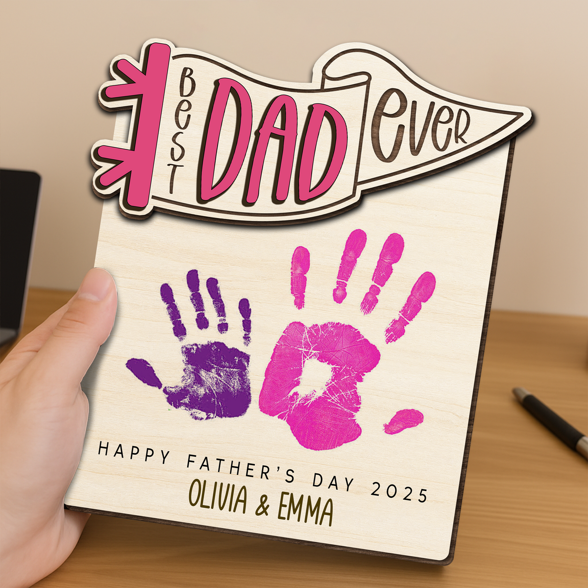 Personalized Hands Down Best Dad Ever 2-Layered Wooden Plaque With Stand TH10 892985