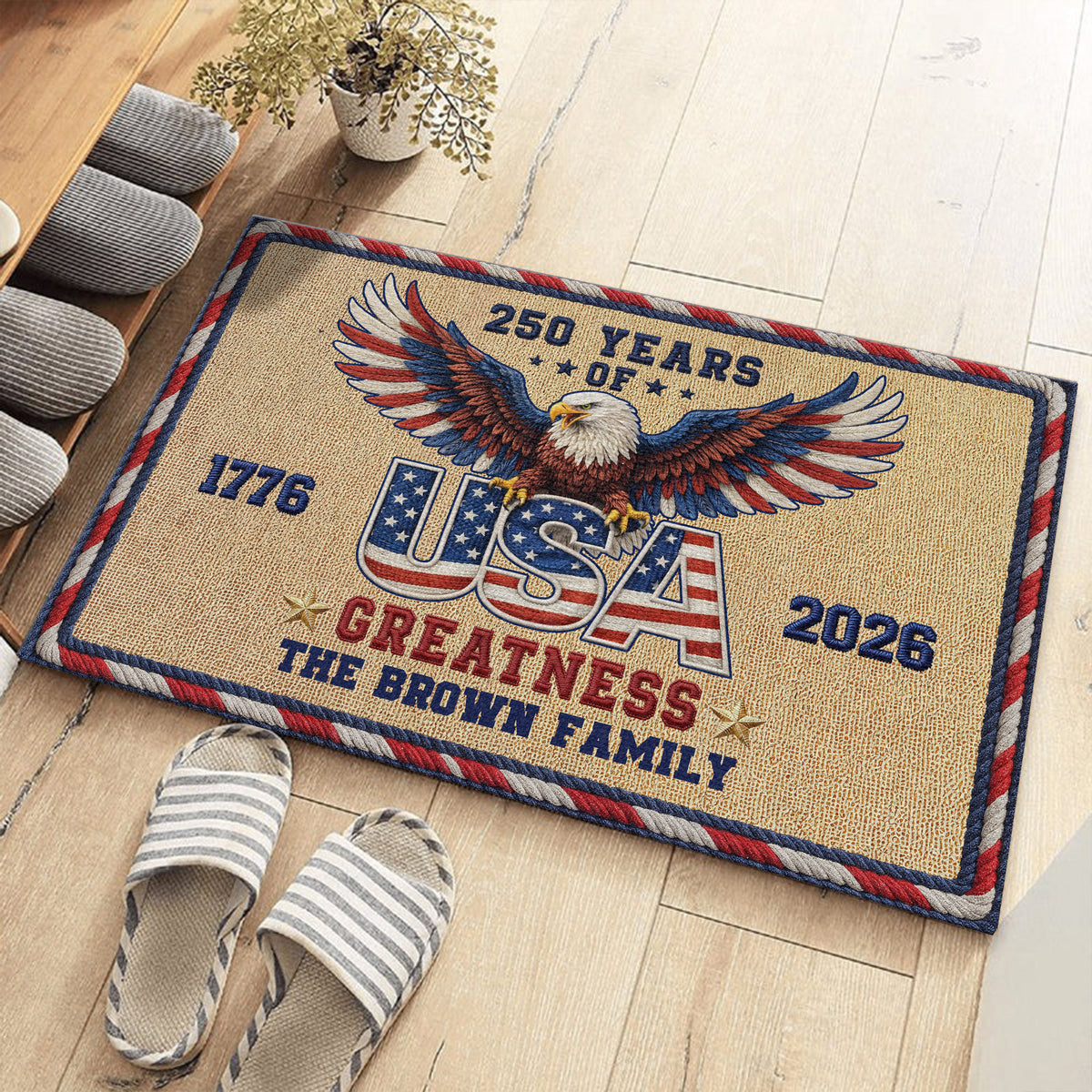 Personalized Family Name 250 Anniversary 1776 - 2026 USA Patriotic Faux Pattern Doormat - 2D Printed Not Embroidered Patriotic America Decor HO82 901582