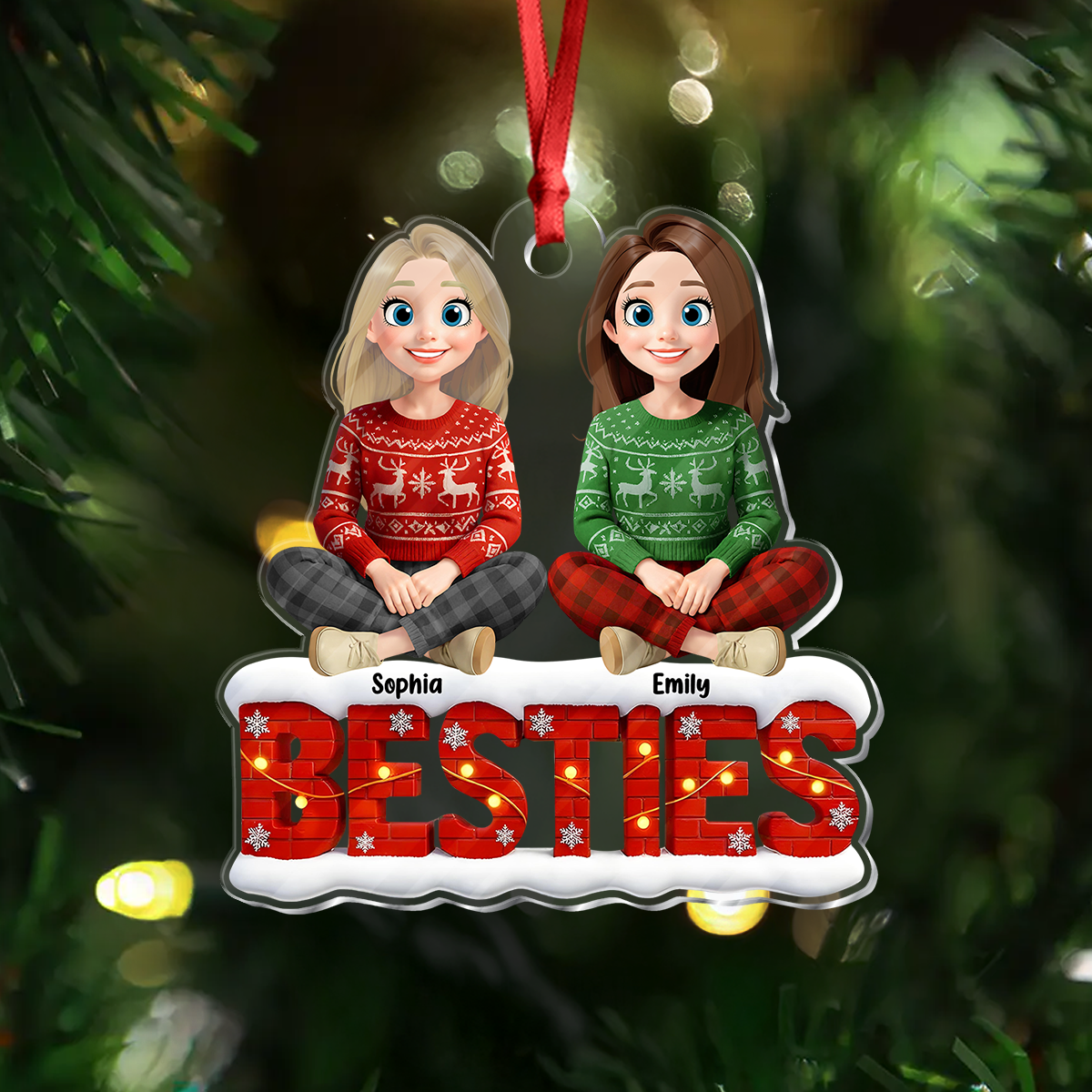 Snowy Brick Wall Besties Sisters Personalized Gift For Christmas Acrylic Ornament LM32 895947