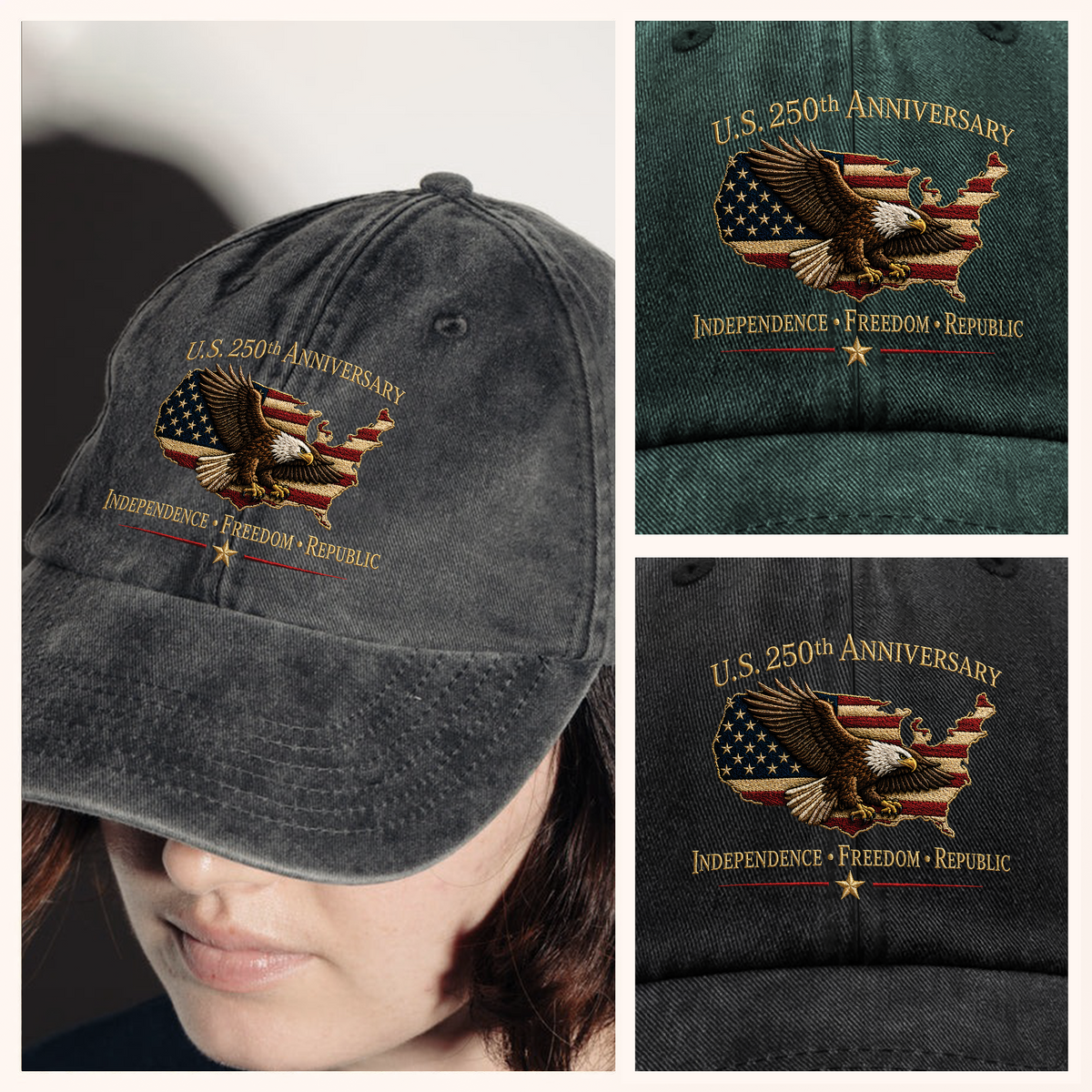 US 250th Anniversary 1776 - 2026 Independence Freedom Republic Patriotic Washed Denim Baseball Cap TH10 169641