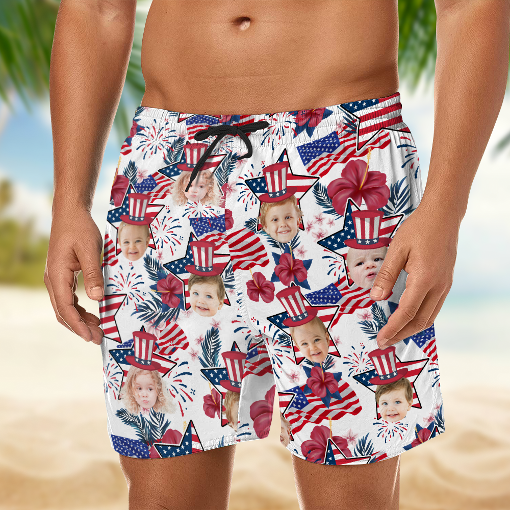 Custom Photo US Flag With Hawaii Pattern Man Beach Shorts, Father's Day Gift, For Dad HO82 894054