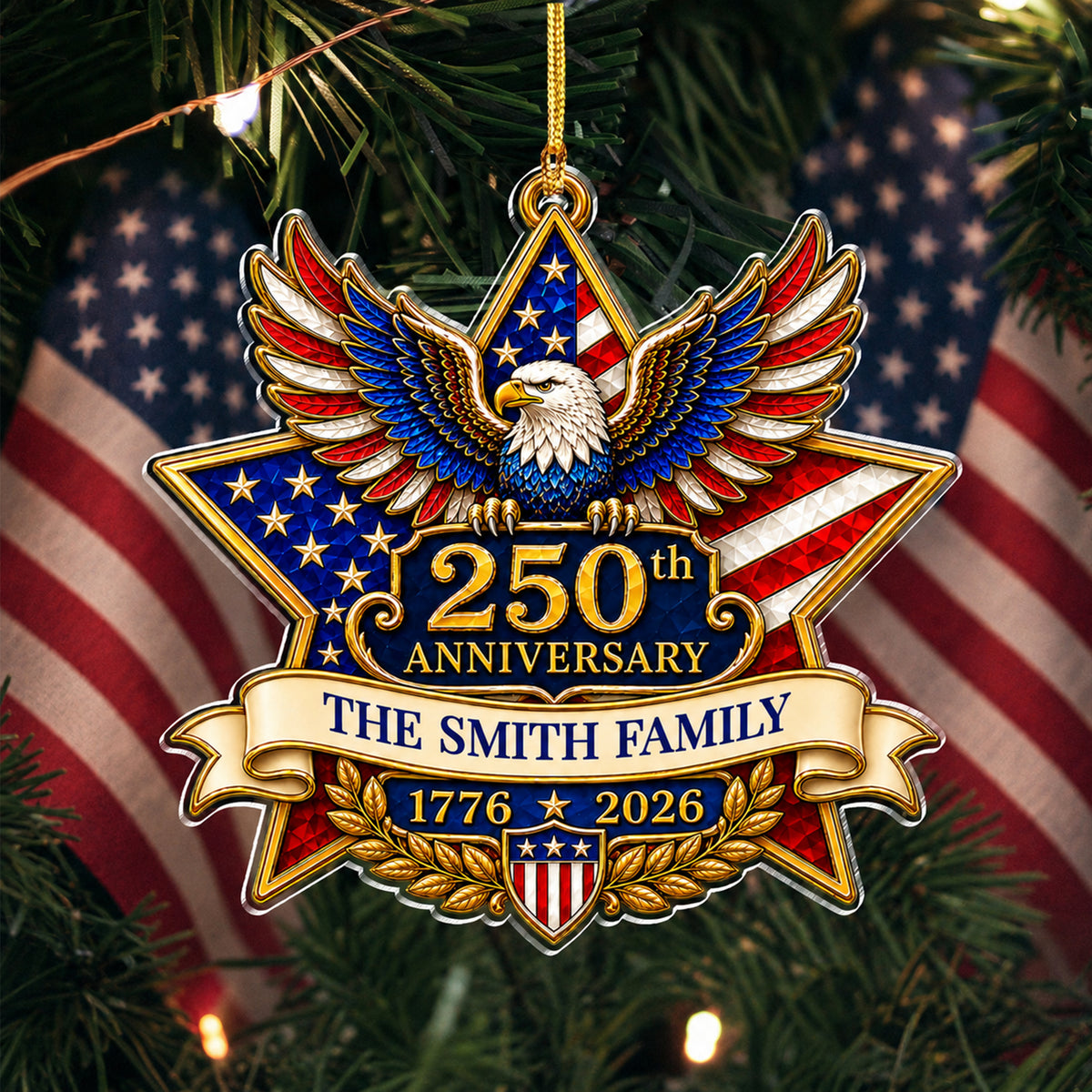 Custom Family Name American Pride 250th Anniversary Acrylic Ornament, USA Flag Eagle Keepsake CH07 180356