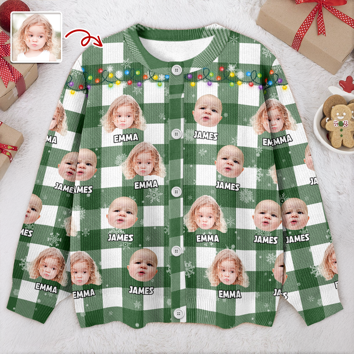 Custom Kids Photo Name Christmas Light Snow Cardigan CH07 896188