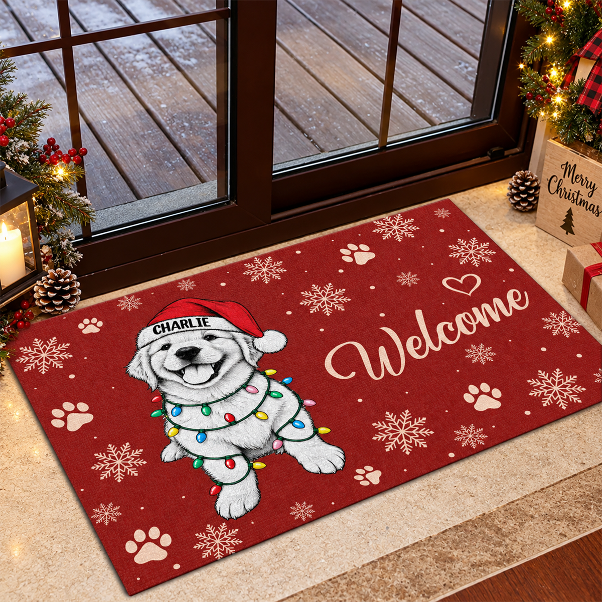 Custom Dog Photo Christmas Light Welcome Doormat CH07 180602