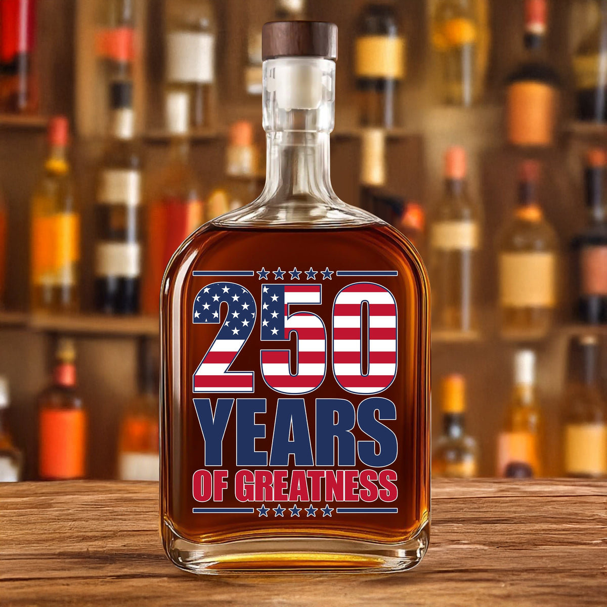 250 Years of Greatness USA Flag Patriotic 1776-2026 Anniversary Whiskey Bottle LM32 895225