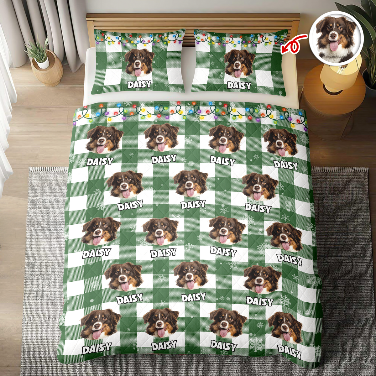 Custom Dog Photo Name Snow Christmas Light Holiday Bedding Set CH07 899086