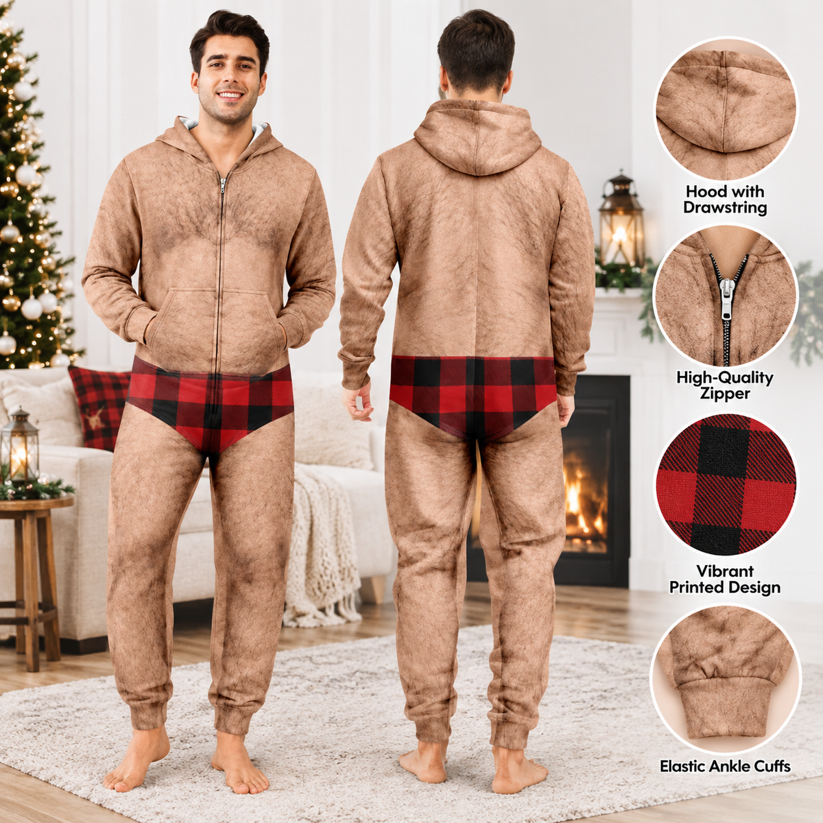 Personalized Funny Hairy Chest Men's Plaid Pattern Underwear Onesie Pajamas HO82 903684