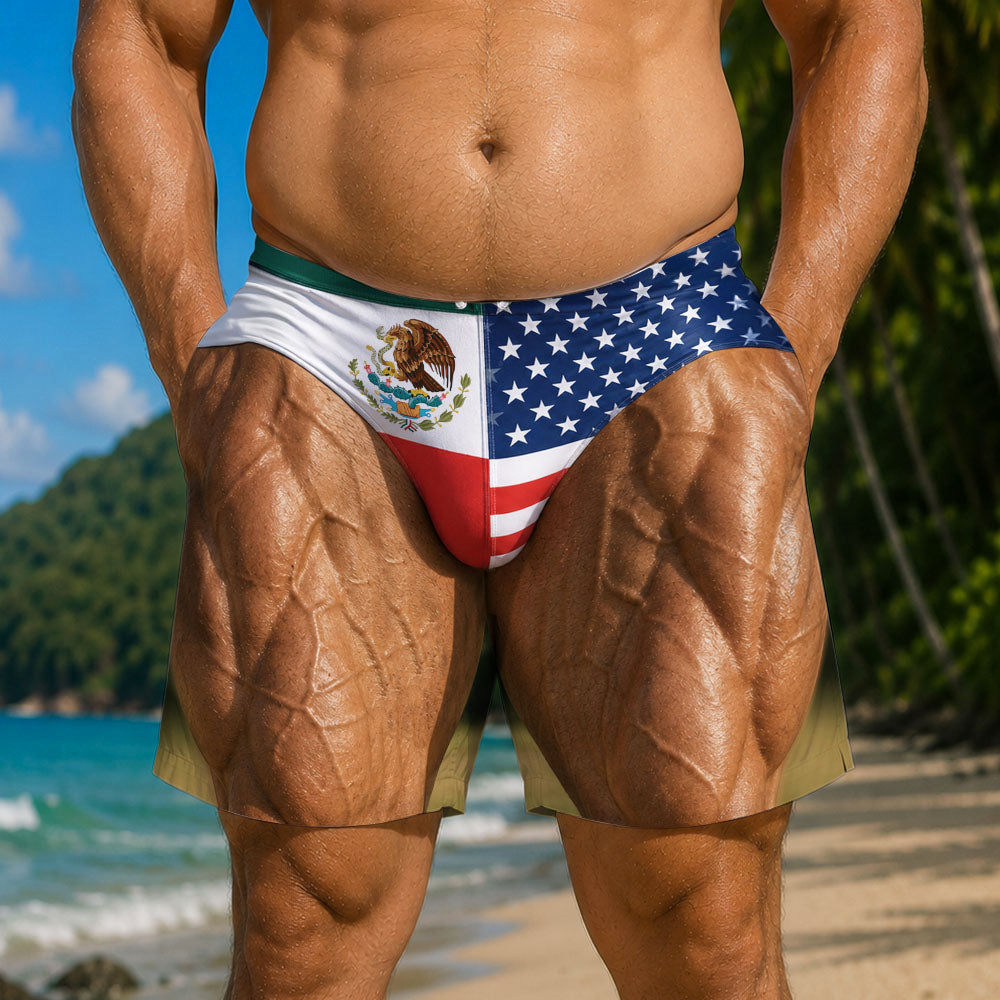 Personalized Funny Muscular Body Mexico USA Flag Men's Beach Short, Summer Vacation Party Gift, Gift For Him HO82 903516