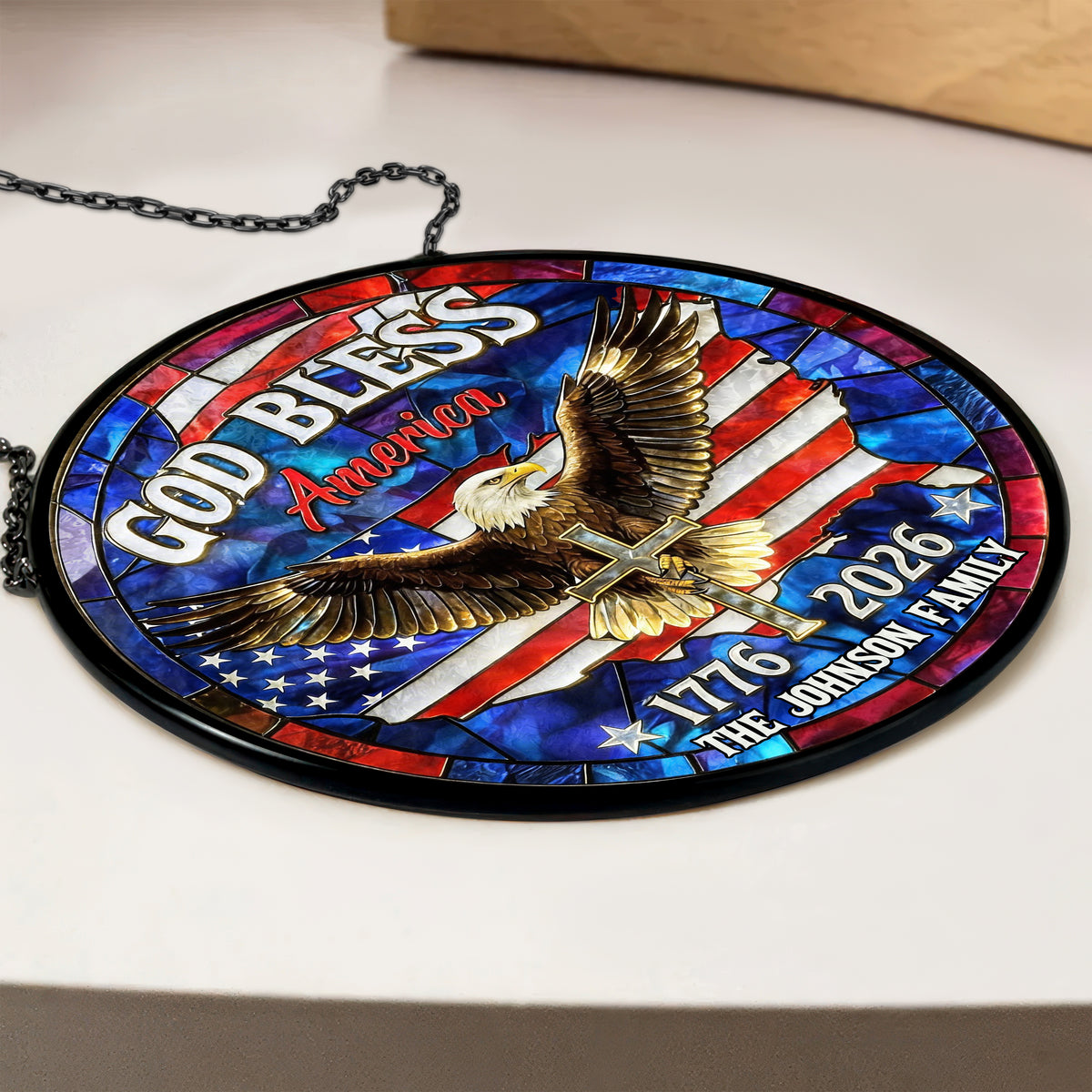 Custom Family Name Patriotic 250th Anniversary God Bless America Eagle 1776–2026 Stained Glass Suncatcher HO82 901484