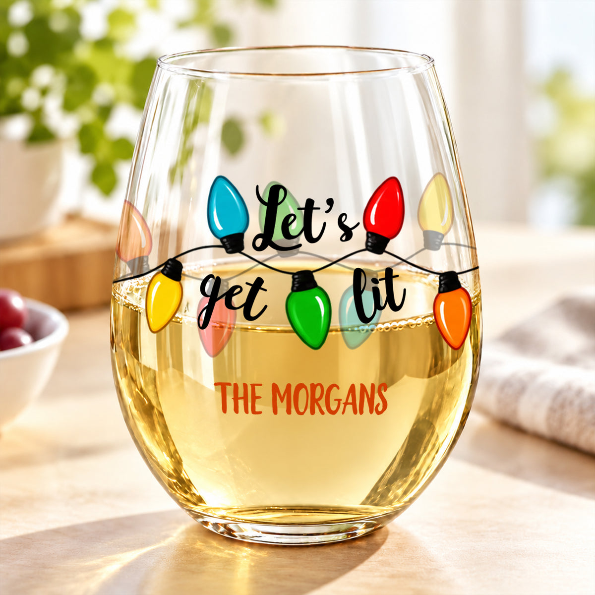 Custom Name Let's Get Lit Christmas Lights Stemless Wine Glass Gift For Family TH10 171405