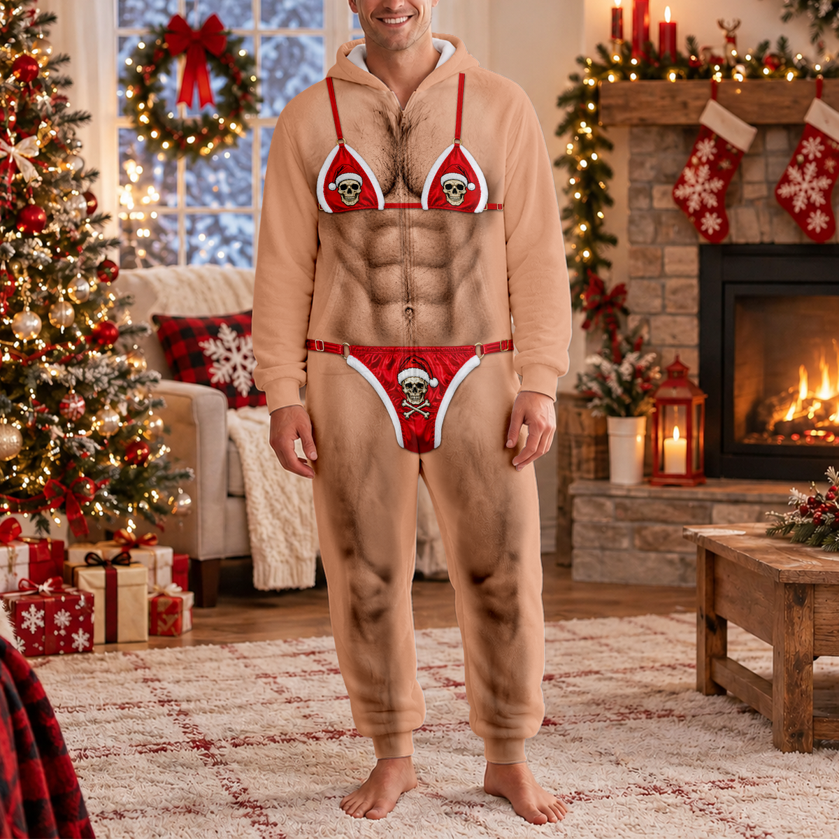 Funny Christmas Santa Bikini Onesie Pajamas Hairy Body Funny Gag Gift CH07 180580