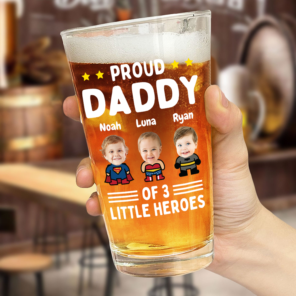 Custom Photo Proud Daddy of Little Heroes - Father's Day Personalized Gifts Custom Beer Glass for Dad, Superhero Lovers HO82 894058