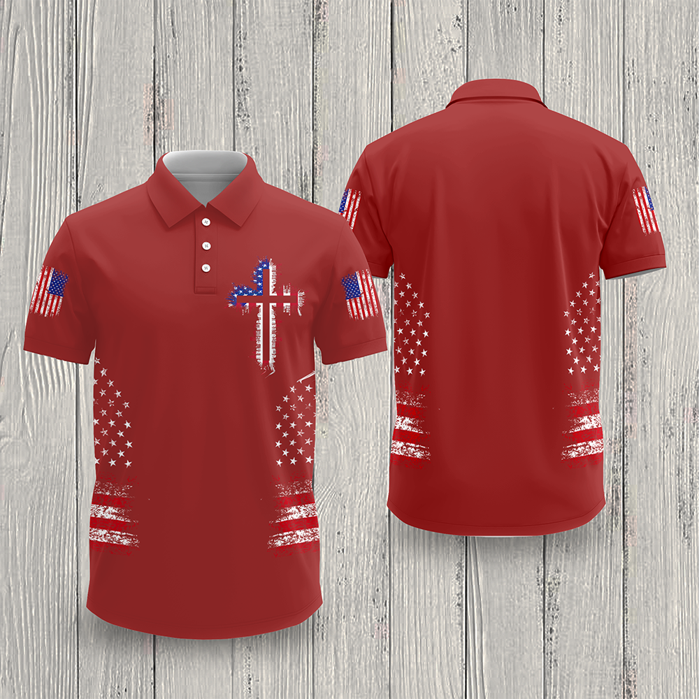 Personalized American Flag Cross Polo Shirt – Christian Faith Patriotic Shirt for Men LM32 899601