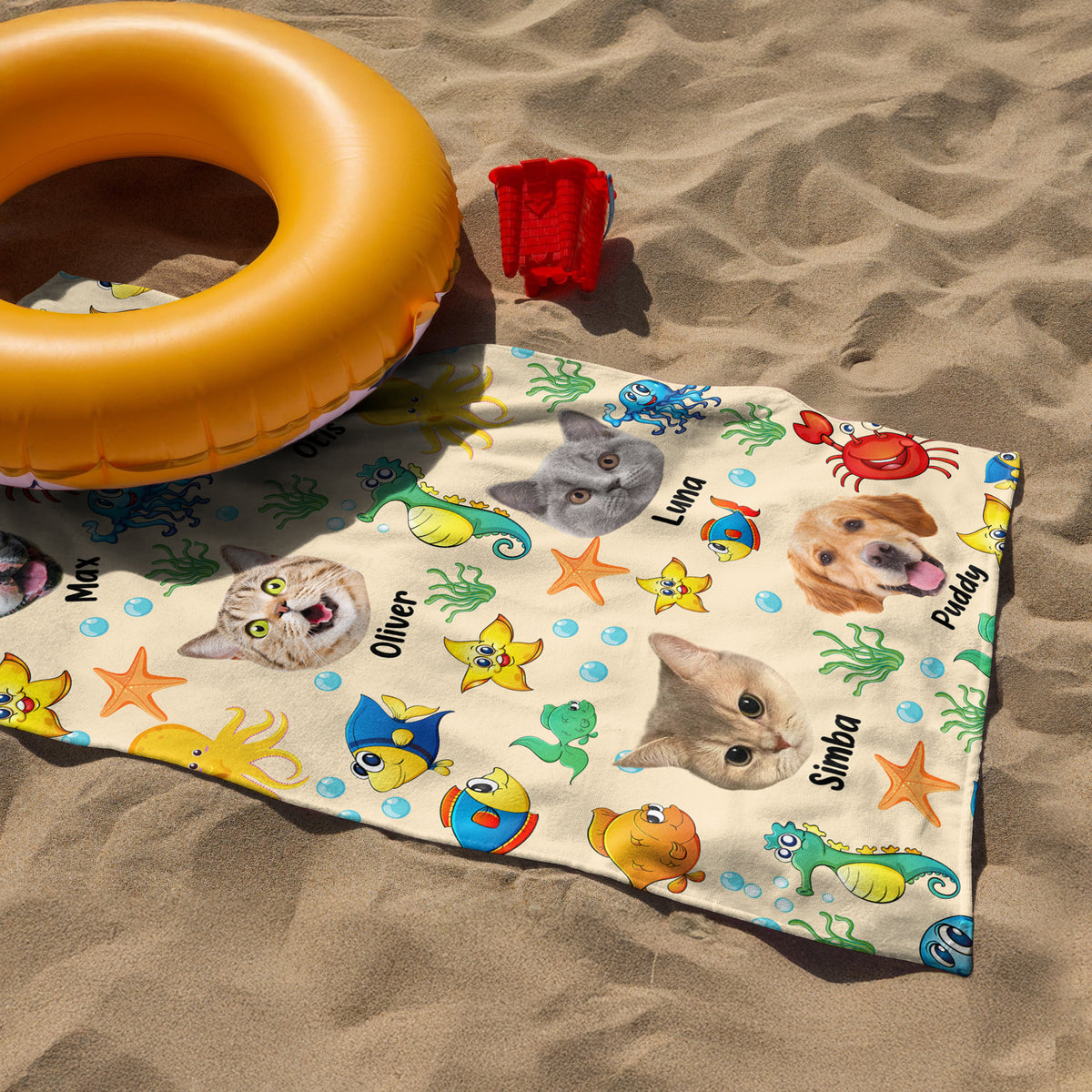 Custom Photo Cute Pet Face Watercolor Sea Creatures Summery Beach Towels CH07 896040