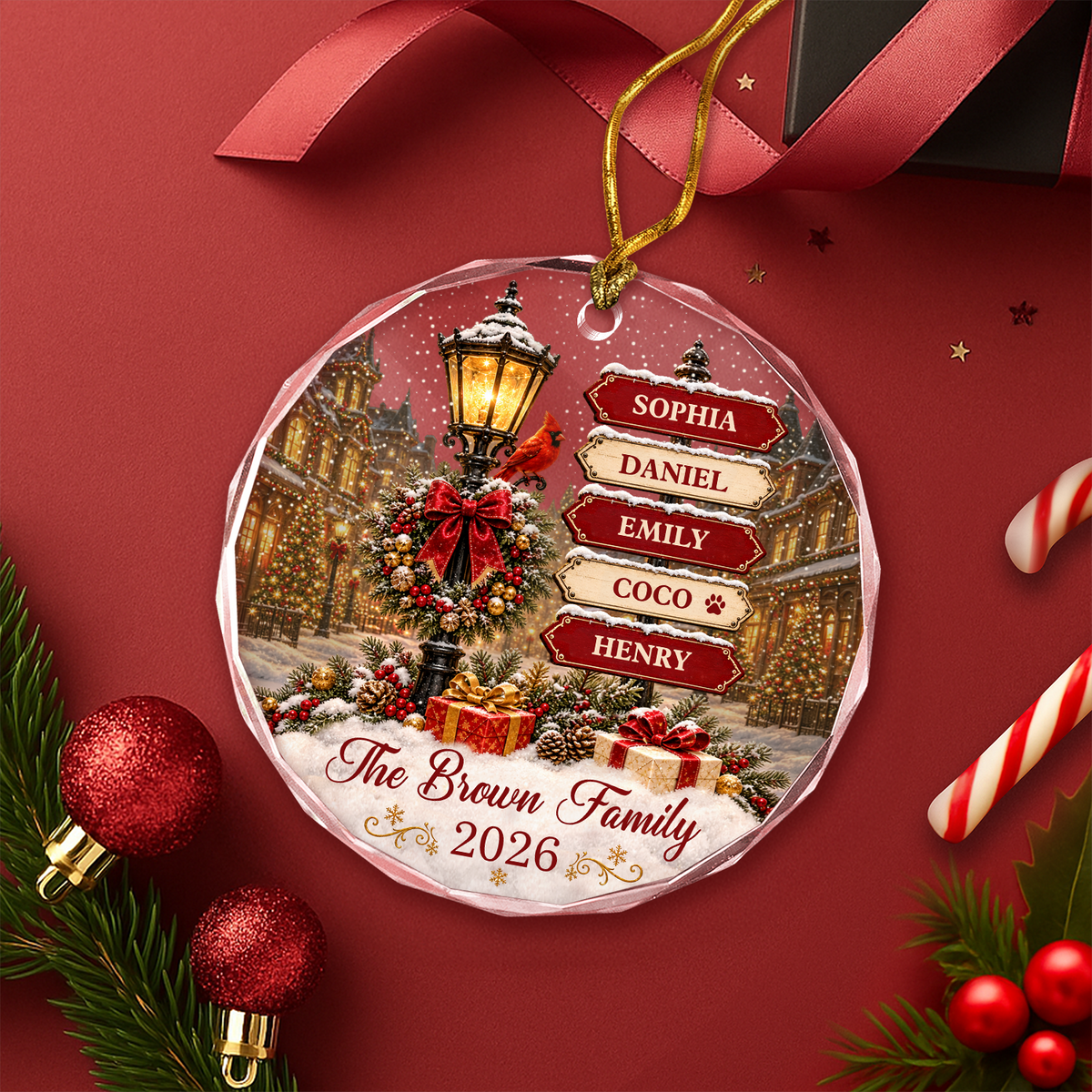 Custom Family Name & Year Christmas Tree Glass Ornament Santa Snowman Holiday Keepsake For Family TH10 171301