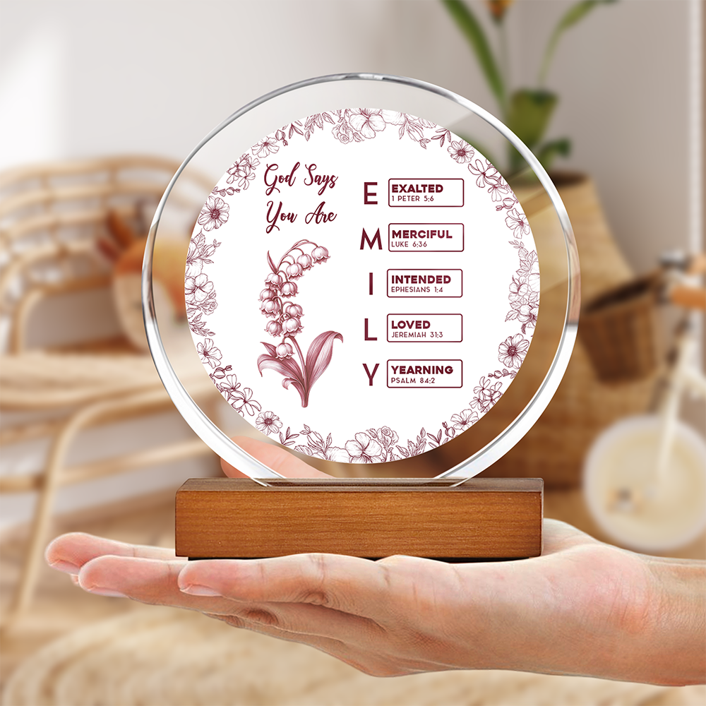 God Says I Am Name Letter In Bible Toile De Jouy Style Round Acrylic Frame Block HO82 894636