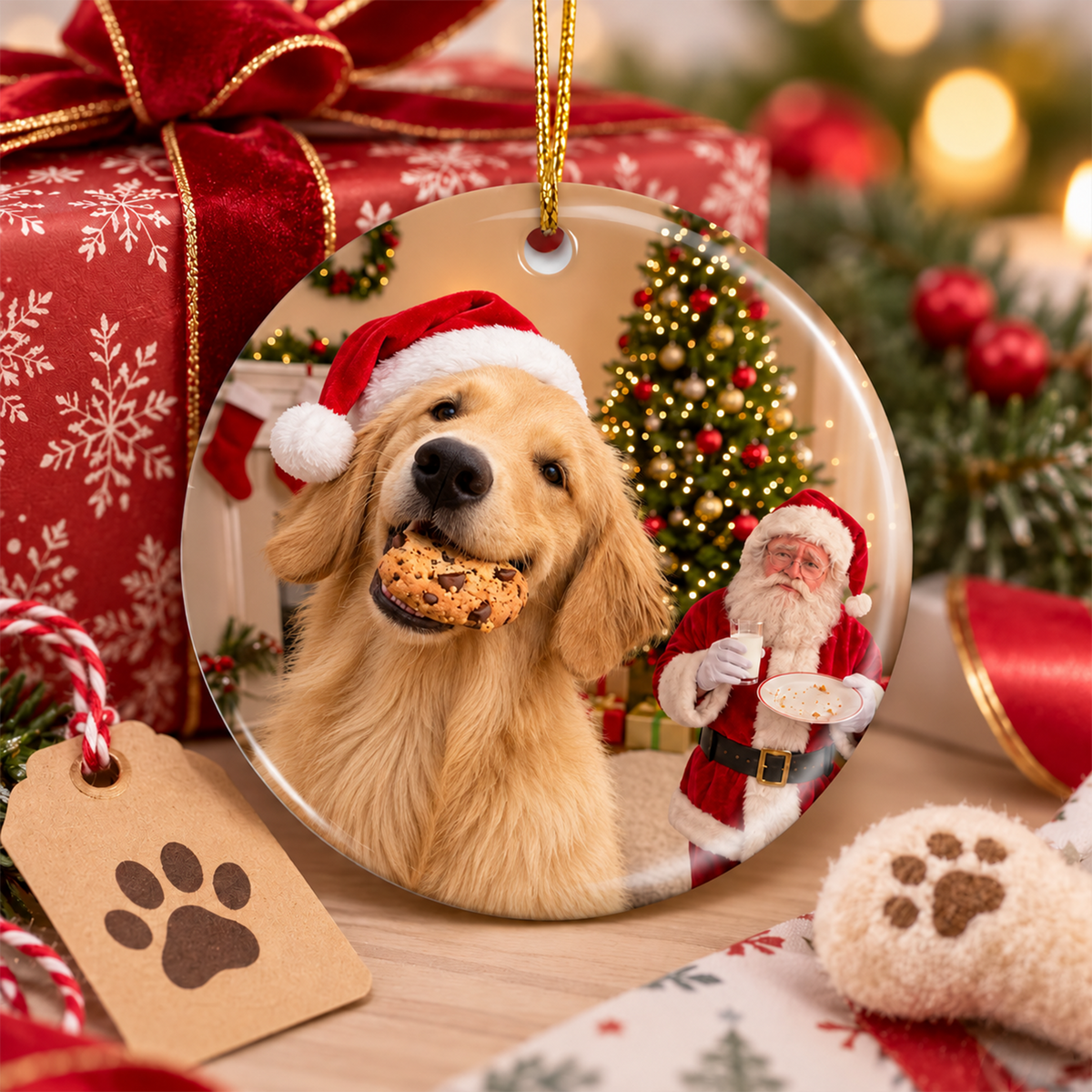 Custom Photo Funny Dog Steals Cookie From Santa Personalized Ceramic Ornament HA75 919588
