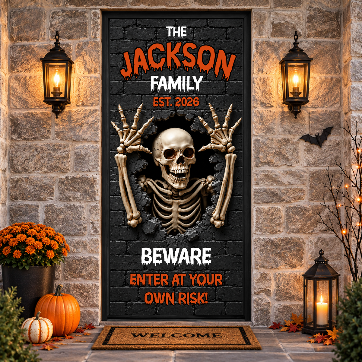 Custom Family Name Skeleton Beware Door Cover Halloween Door Decor LM32 670005