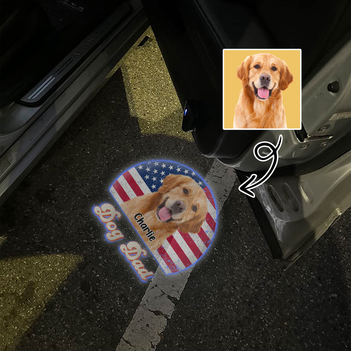 Custom Dog Photo Retro Sunset Dog Dad Car Door Projector Light CH07 896434