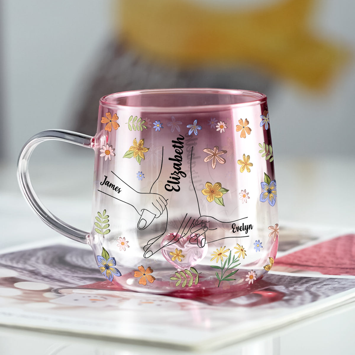 Personalized Hold My Hand Hold My Heart Family Pink Gradient Glass Mug - Gift For Grandma, Mom, Mother's Day HO82 901764