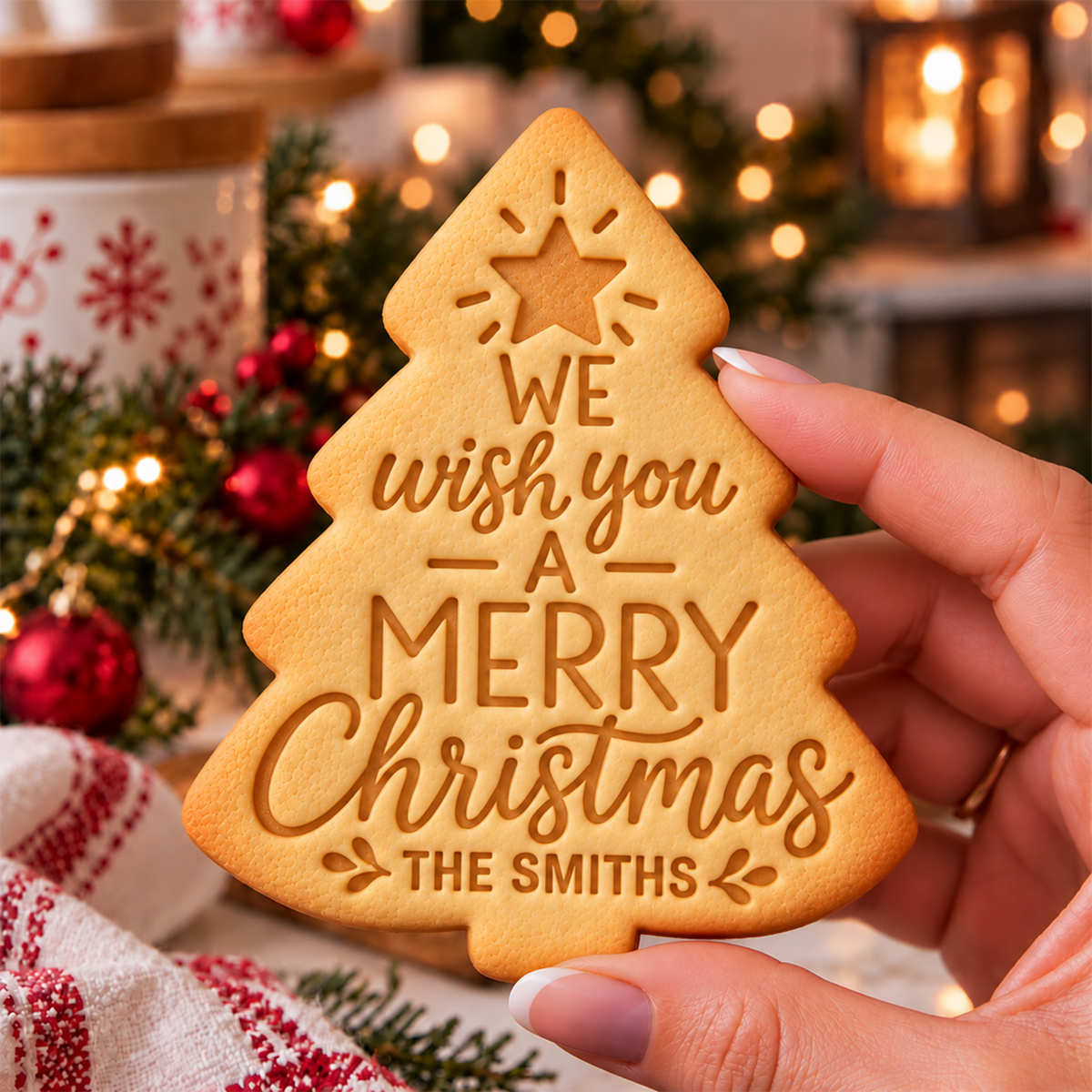 Personalized Family Name We Wish You A Merry Christmas Shaped Cookie Stamp, Holiday Baking Gift HA75 919624
