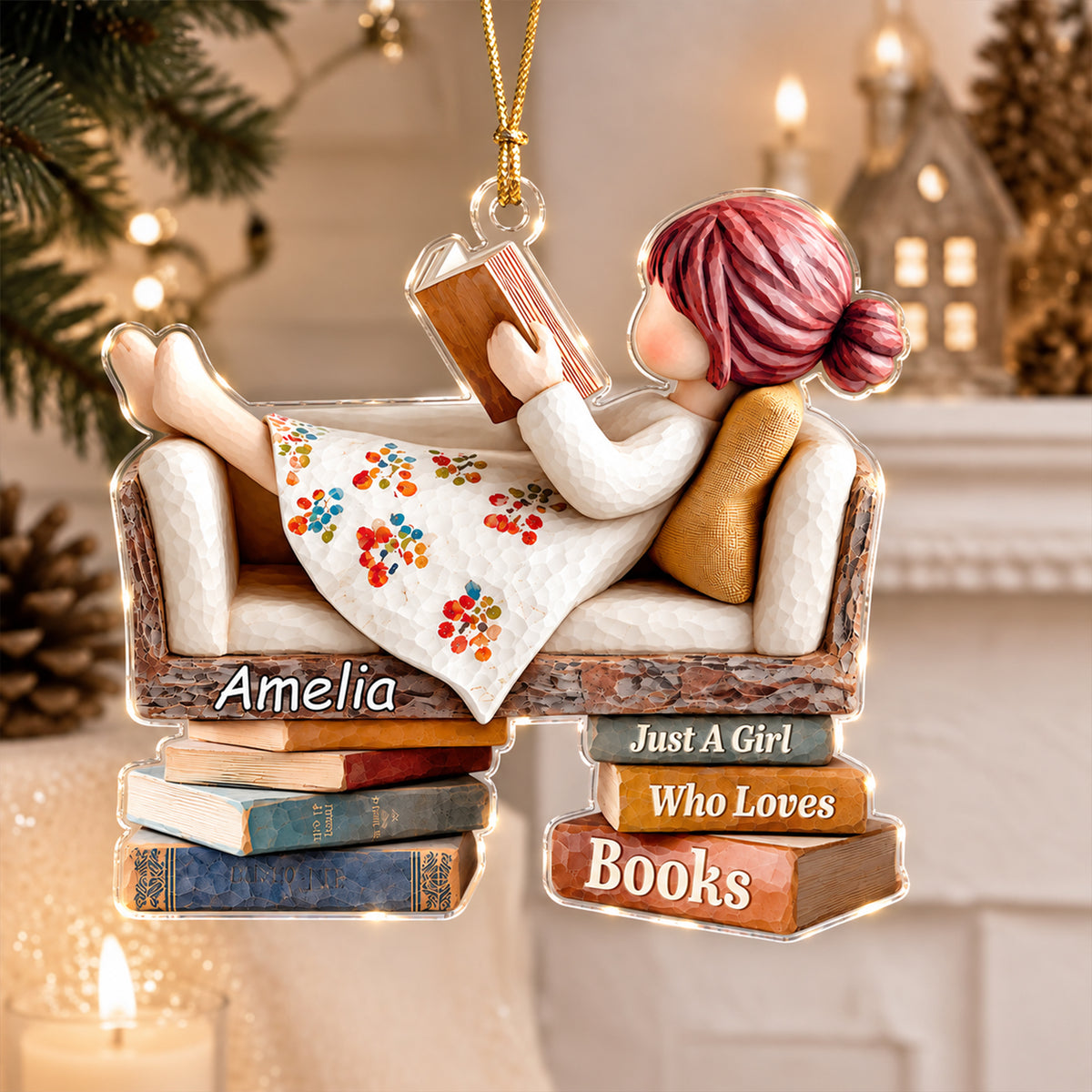 Custom Name Just A Girl Who Loves Books Acrylic Ornament, Bookworm Holiday Keepsake LM32 670021