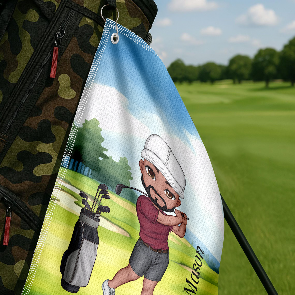 Personalised Soft Quick Dry Cartoon Character Golf Waffle Towel with Carabiner Golf Accessories Birthday Gift for Golf Player HO82 900916