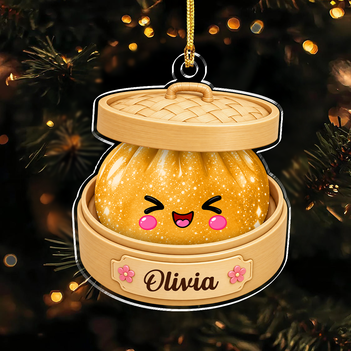 Personalized Glitter Dumpling Bamboo Steamer Acrylic Ornament, Food Lover Holiday Keepsake HO82 903732