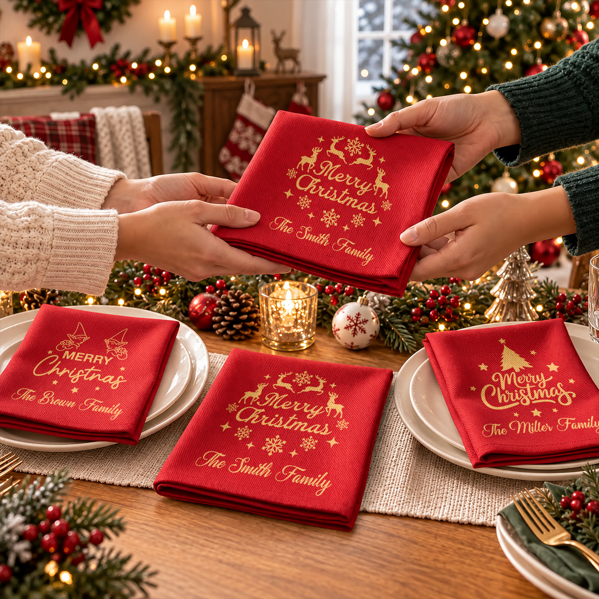 Custom Family Name Merry Christmas Reusable Cotton Napkin Christmas Decor HA75 919456