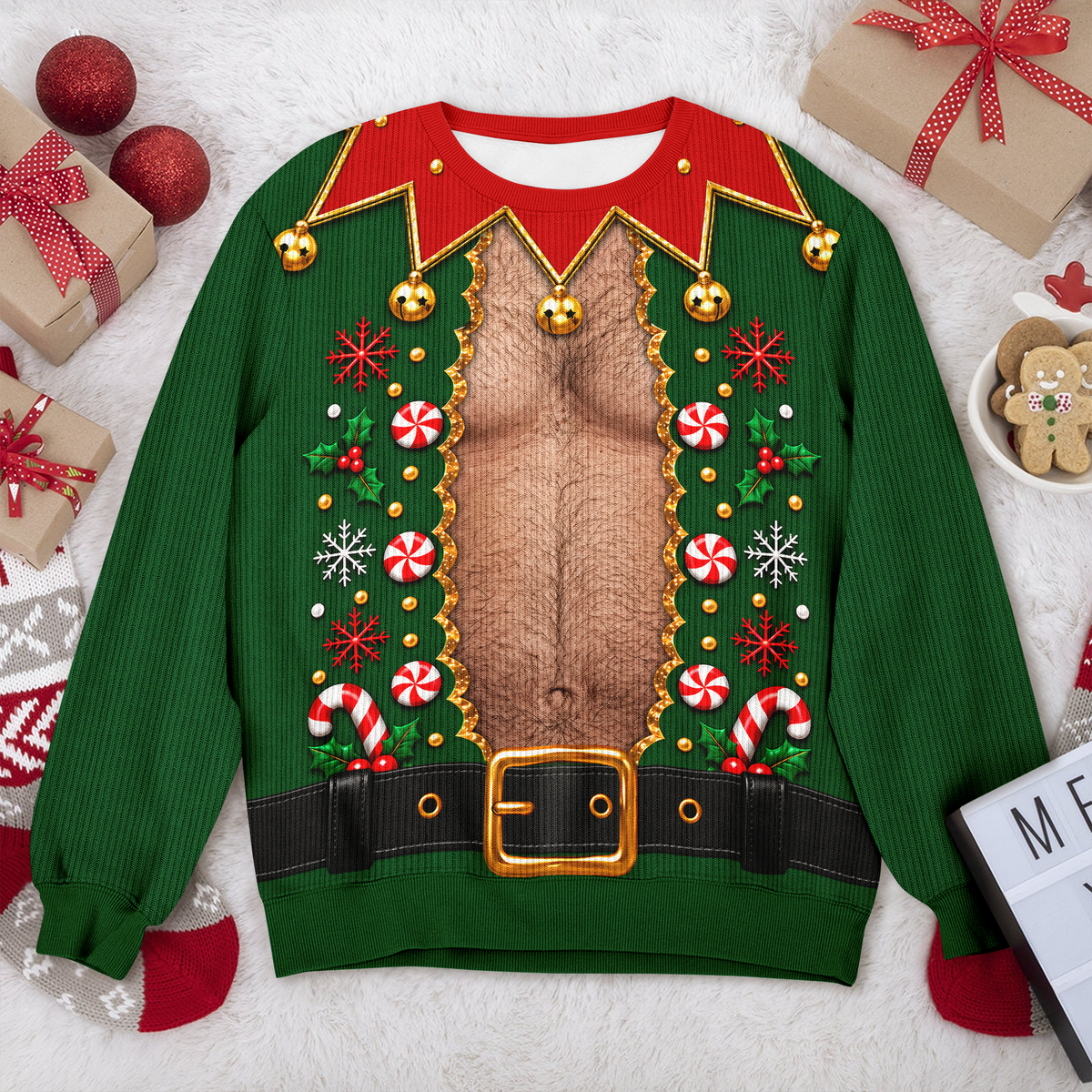 Funny Elf Shirtless Body Illusion Ugly Sweater TH10 171041