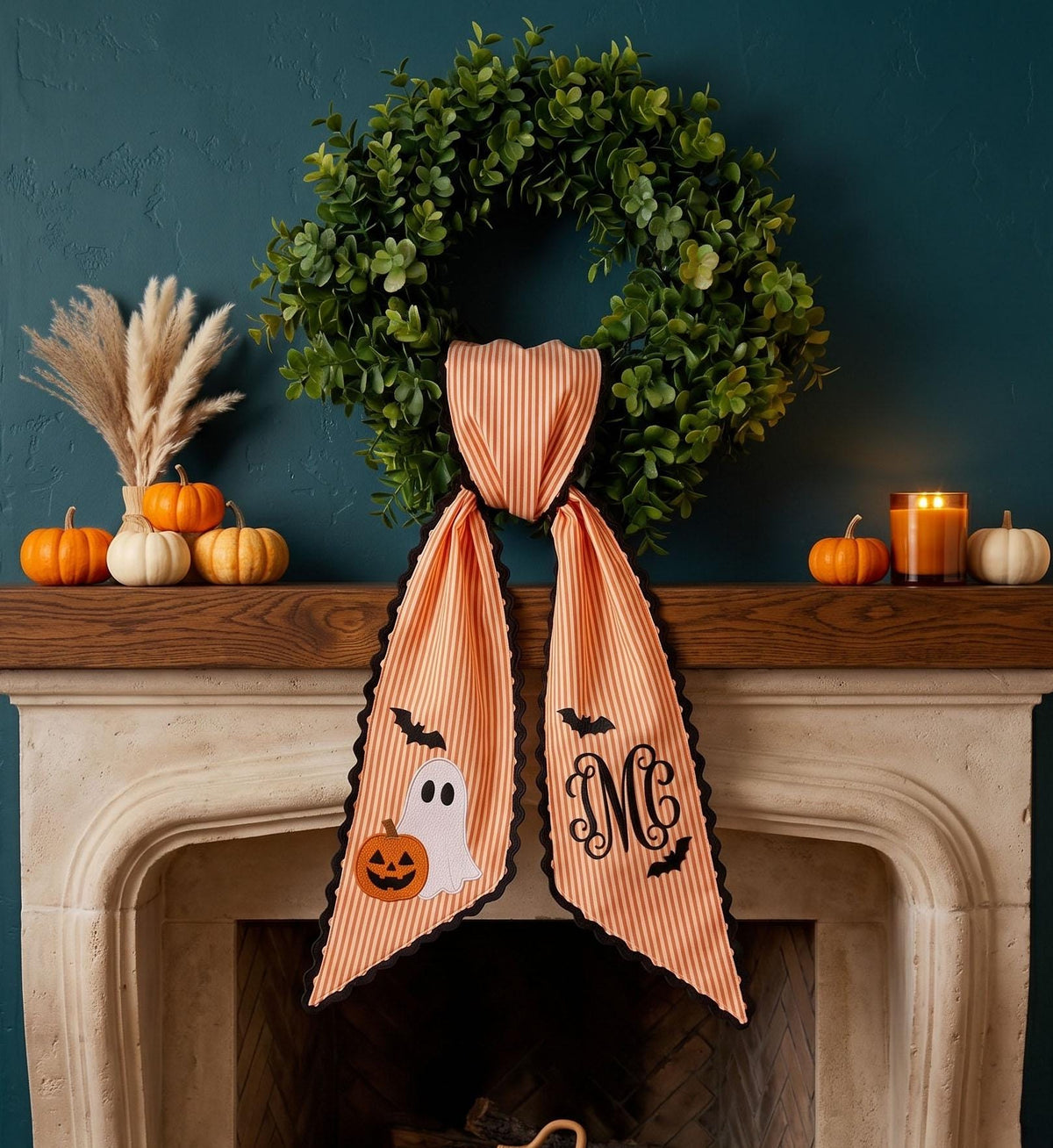 Personalized Embroidered Initial Halloween Ghost With Bat Wreath Sash LM32 669805