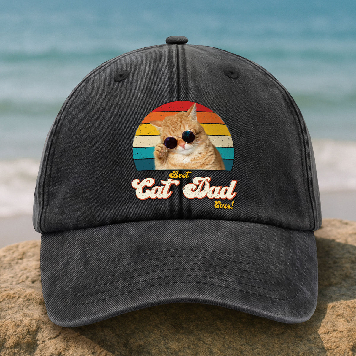 Custom Photo Best Cat Dad Ever Washed Denim Baseball Cap Gift For Father's Day, Cat Dad HO82 893942