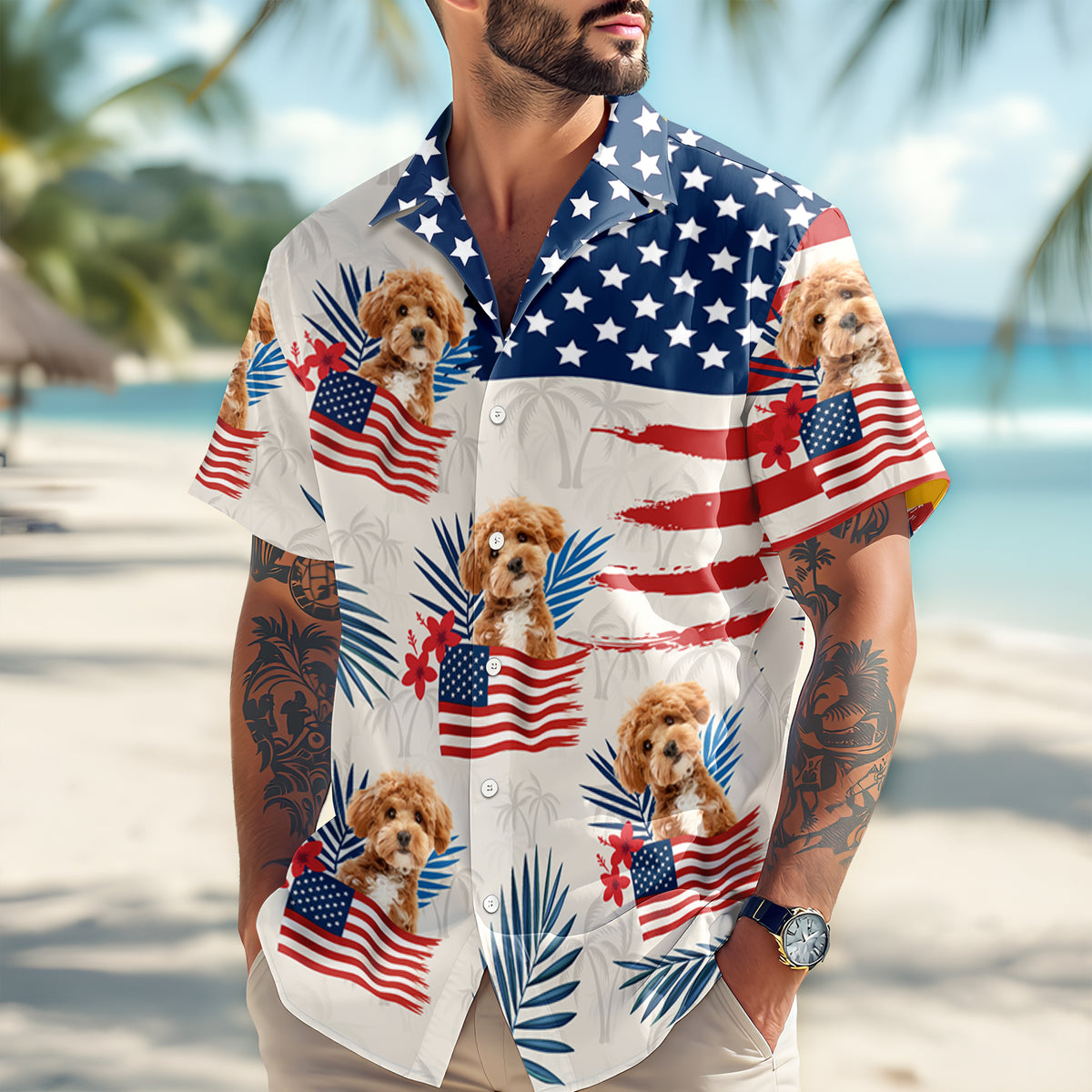 Custom Dog Cat Photo American Flag Hawaiian Shirt 4th of July Gift CH07 896110
