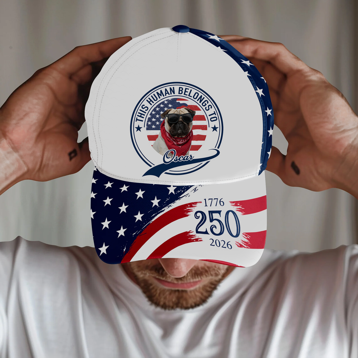 Custom Photo Human Belongs To US 250 Anniversary Classic Cap - Gift For Dog Lovers, Dog Dad, Father's Day HO82 902484
