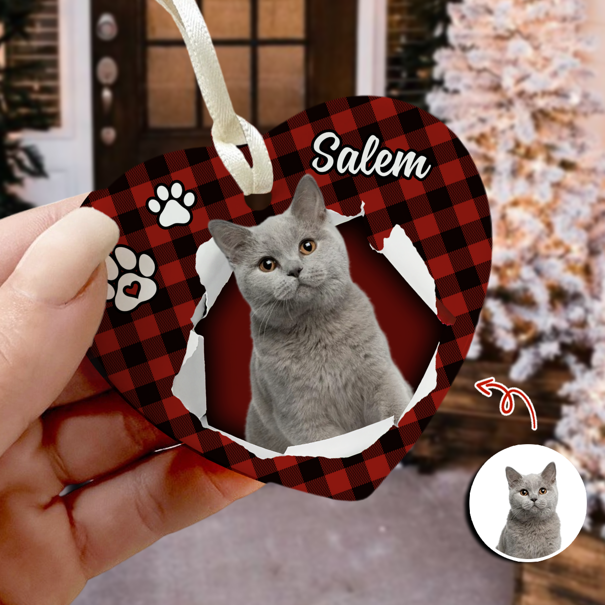 Custom Photo Cat Christmas Heart Shaped Ceramic Ornament HA75 897458