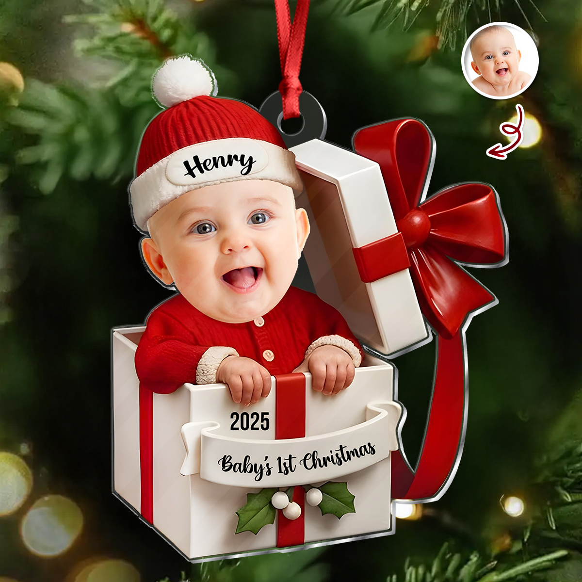 Personalized Baby in Gift Box Christmas 2D Flat Acrylic Ornament, Custom Baby Photo Ornament, Baby’s First Christmas Gift CH07 895338