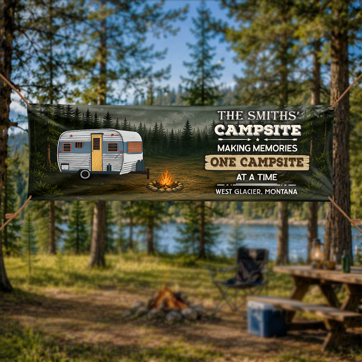 Custom Family Name Making Memories One Campsite At A Time Banner - Personalized Camping Gifts For Campers CH07 180104