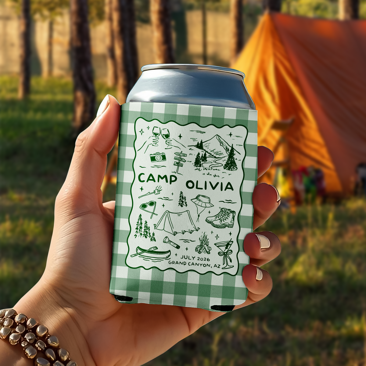 Custom Name Camp Bachelorette Can Cooler - Personalized Camping Party Favor HO82 902982