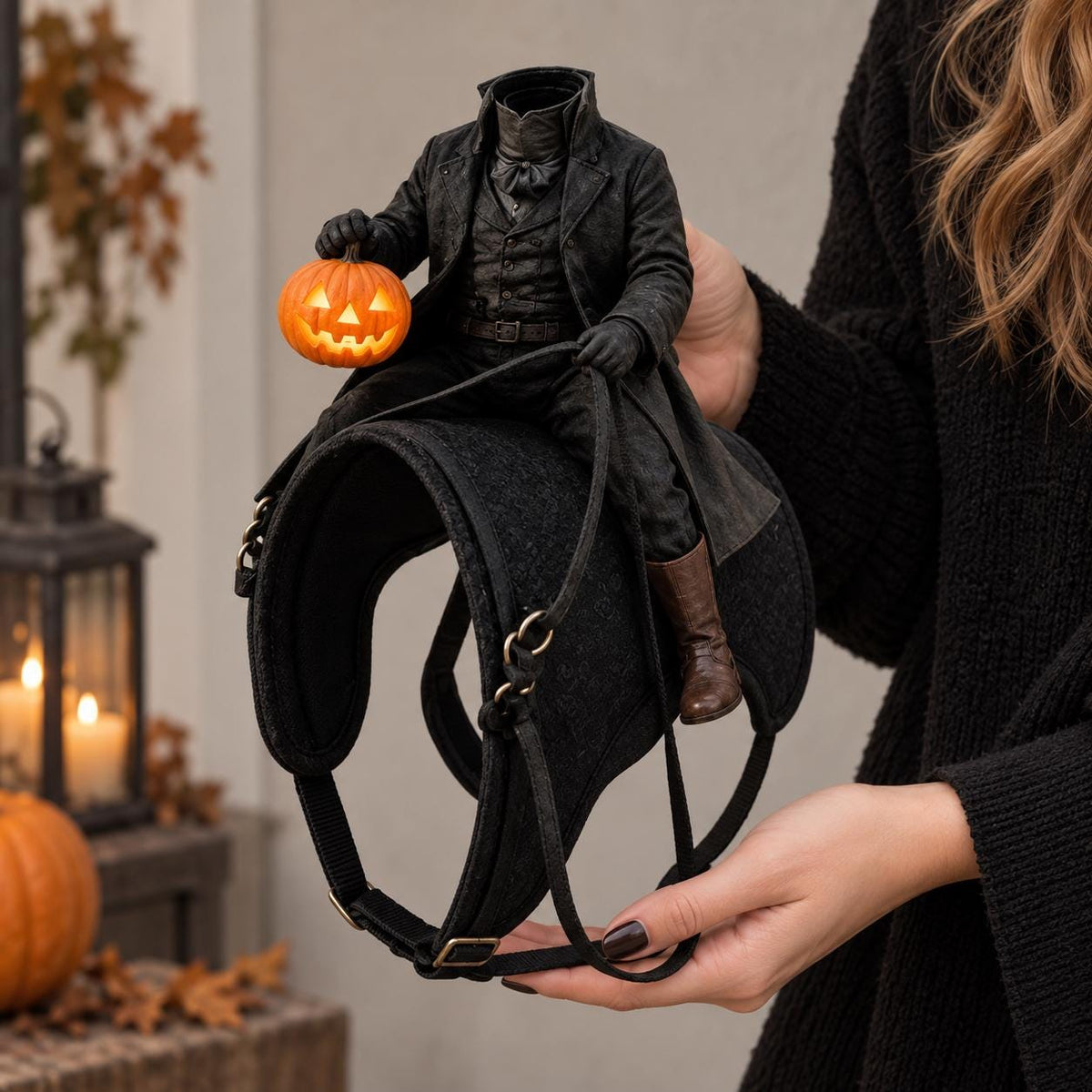 Halloween Horseman Pet Rider Costume, Pumpkin Knight Gothic Cat Outfit LM32 670247