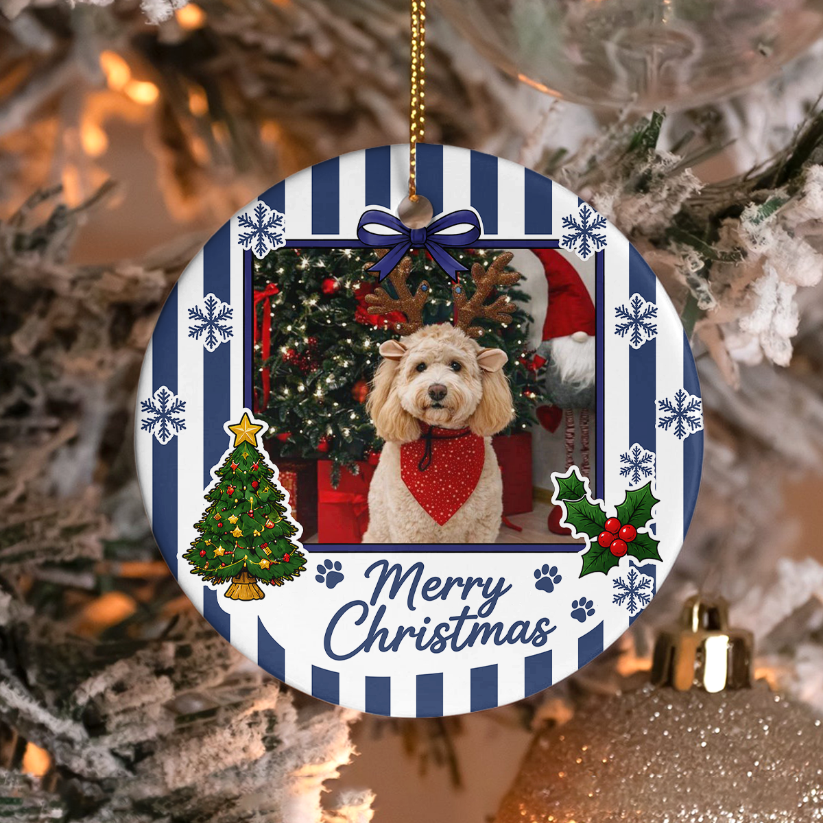 Custom Dog Cat Photo Merry Christmas Ceramic Ornament, Personalized Gift For Pet Lovers HA75 919144