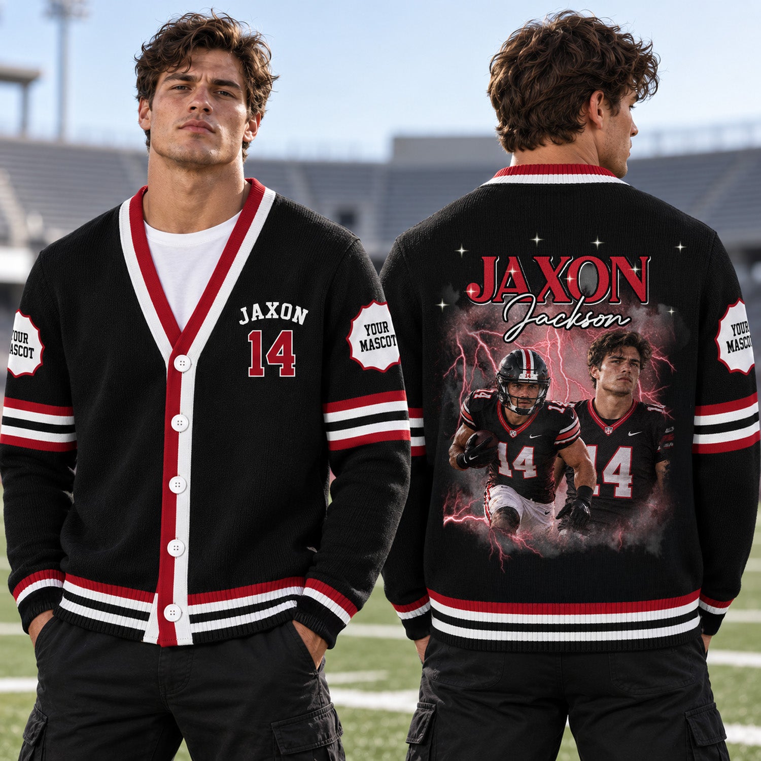 Personalized Football Photo Varsity V-neck Cardigan Football Player Gift HO82 903660