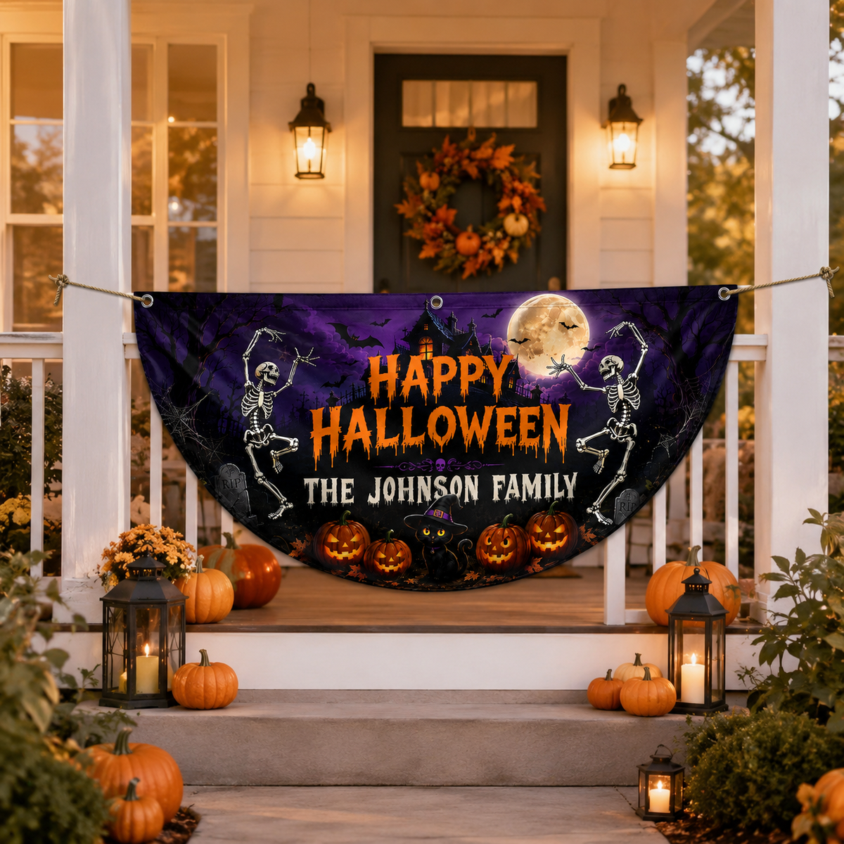 Custom Family Name Skeleton Pumpkin Happy Halloween Party Decor Non-Pleated Fan Flag LM32 669633