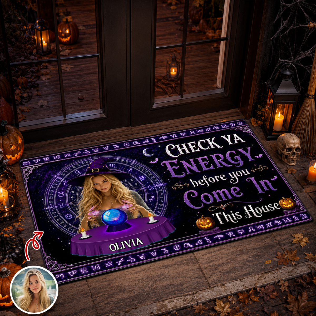 Custom Photo Check Ya Energy Before You Come In This Witch Halloween Welcome Doormat CH07 180176