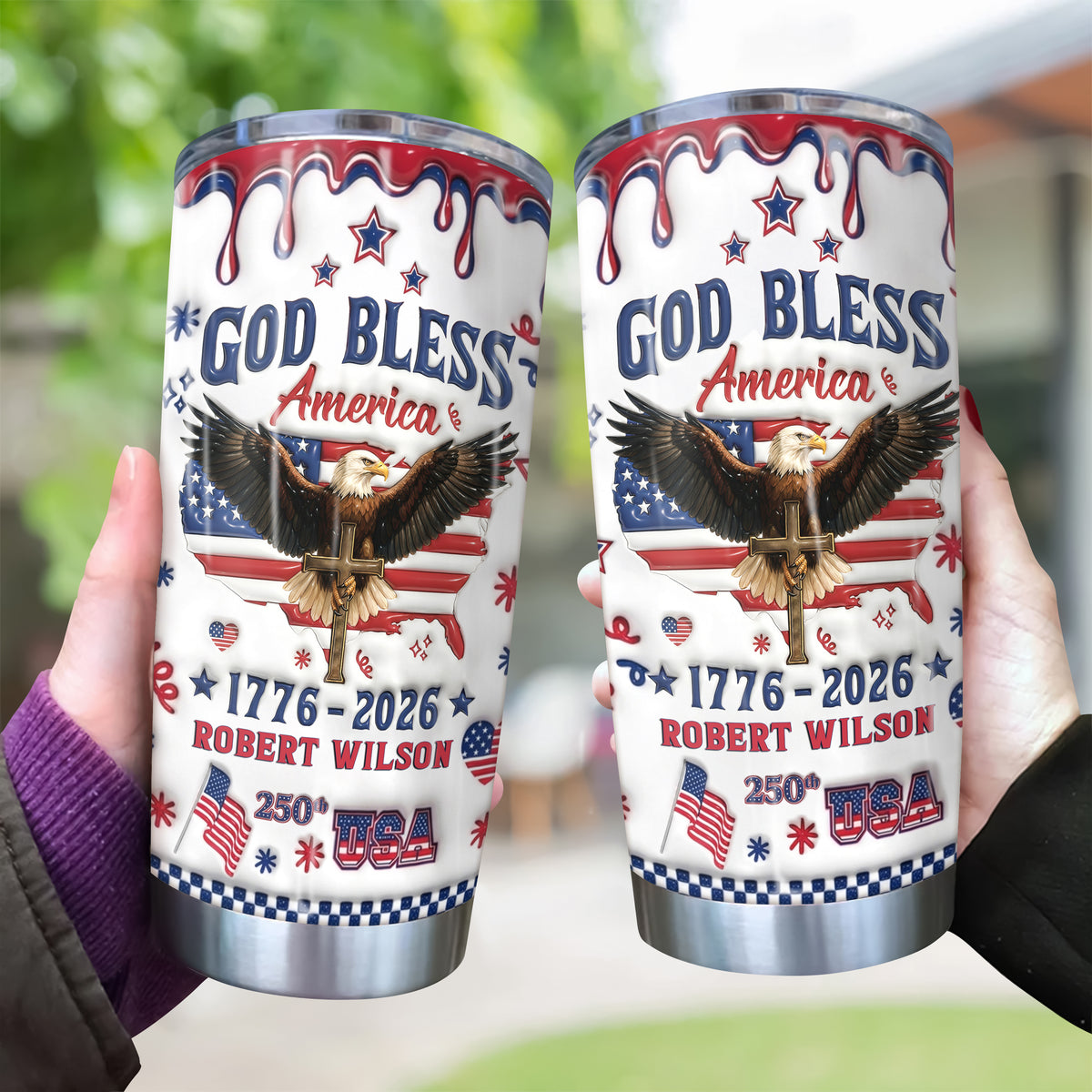 Personalized God Bless America Patriotic 3D Inflated Effect Fat Tumbler HA75 921092