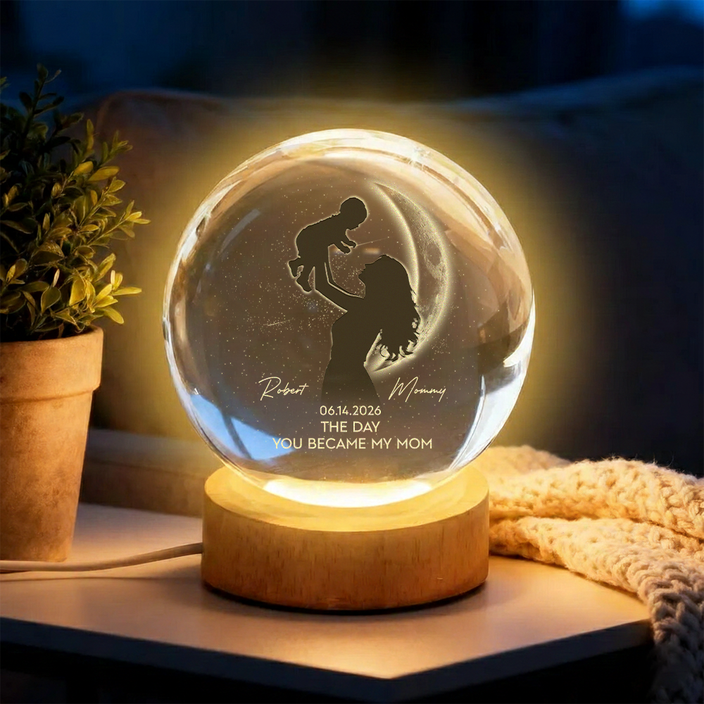 Personalized Mom Hugging Kid, The Day You Became My Mom Engraved Crystal Ball LED Night Light - Mother's Day Gift for Mom HO82 901458