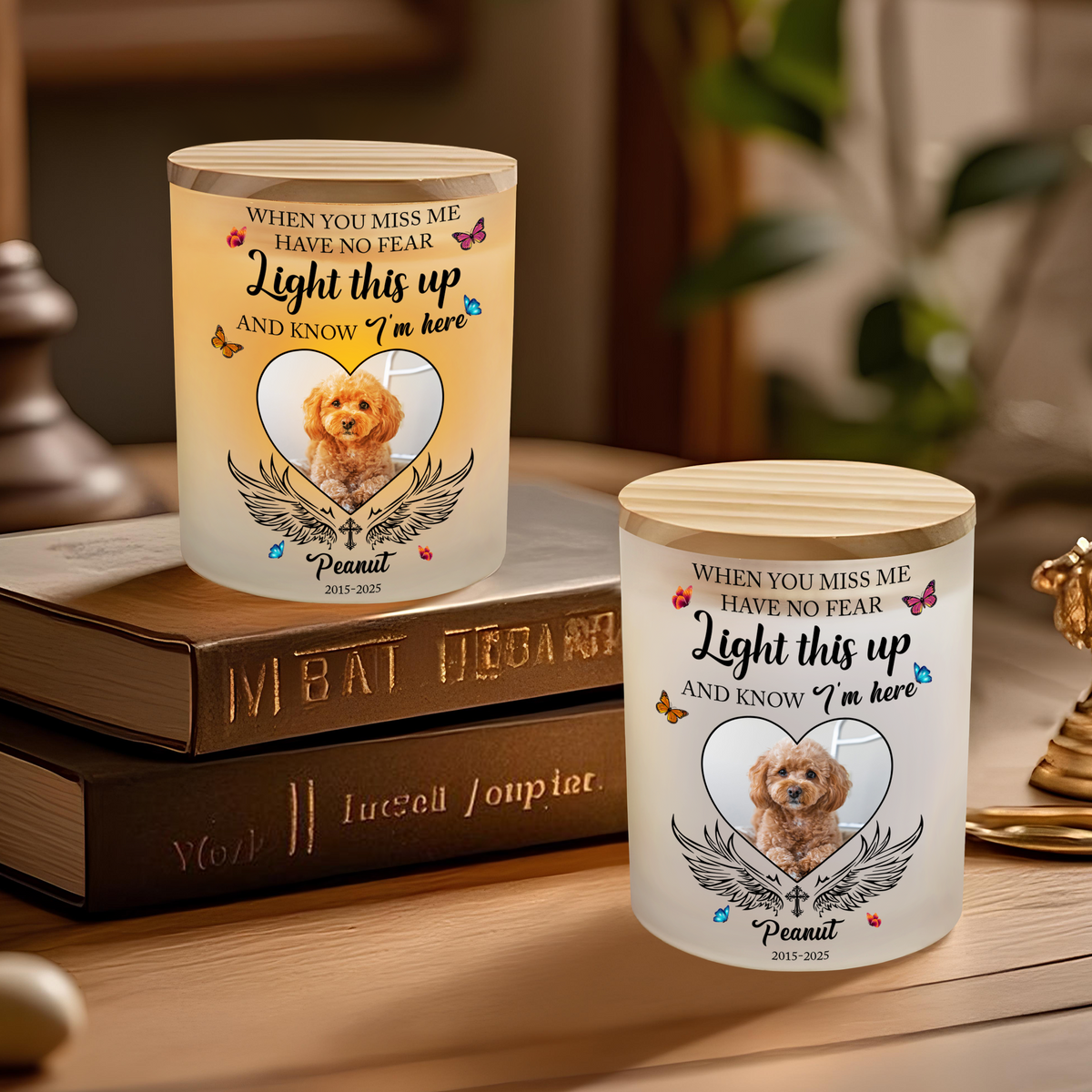 Custom Photo Love Never Leaves, It Lights Up Forever - Memorial Personalized Glass Jar With LED Candle CH07 895814